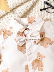 嬰兒小熊印花前蝴蝶結襯衫連體短褲 - 杏色 - 查看 4