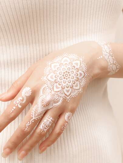 4 ورقات من ملصقات العروس من روكوارت - ملصقات وشم مؤقت للأناقة الرجعية بتصميم أزهار بيضاء على شكل تطريز دانتيل على ظهر اليد والأصابع