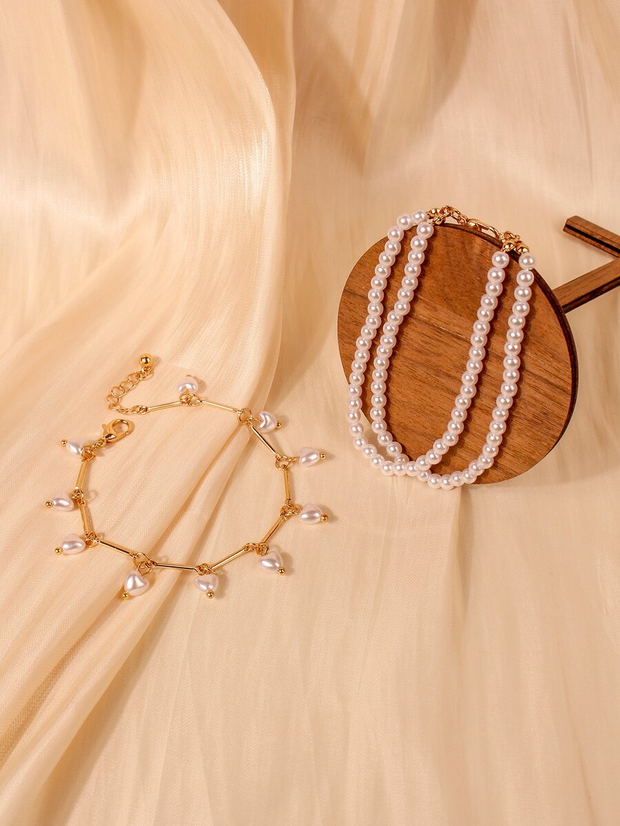 2pcs/set Faux Pearl Decor Bracelet - Multicolor - View 1