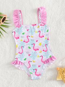 Young Girl Flamingo Print Ruffle Trim One Piece Swimsuit - Multicolor - View 1