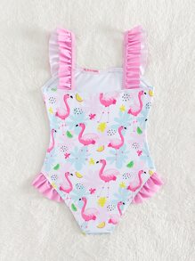 Young Girl Flamingo Print Ruffle Trim One Piece Swimsuit - Multicolor - View 2