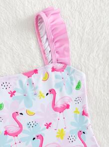 Young Girl Flamingo Print Ruffle Trim One Piece Swimsuit - Multicolor - View 3