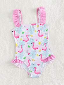Young Girl Flamingo Print Ruffle Trim One Piece Swimsuit - Multicolor - View 4