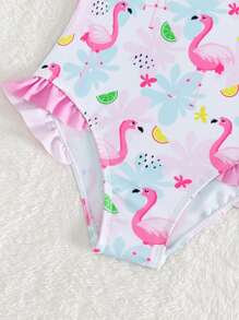 Young Girl Flamingo Print Ruffle Trim One Piece Swimsuit - Multicolor - View 5