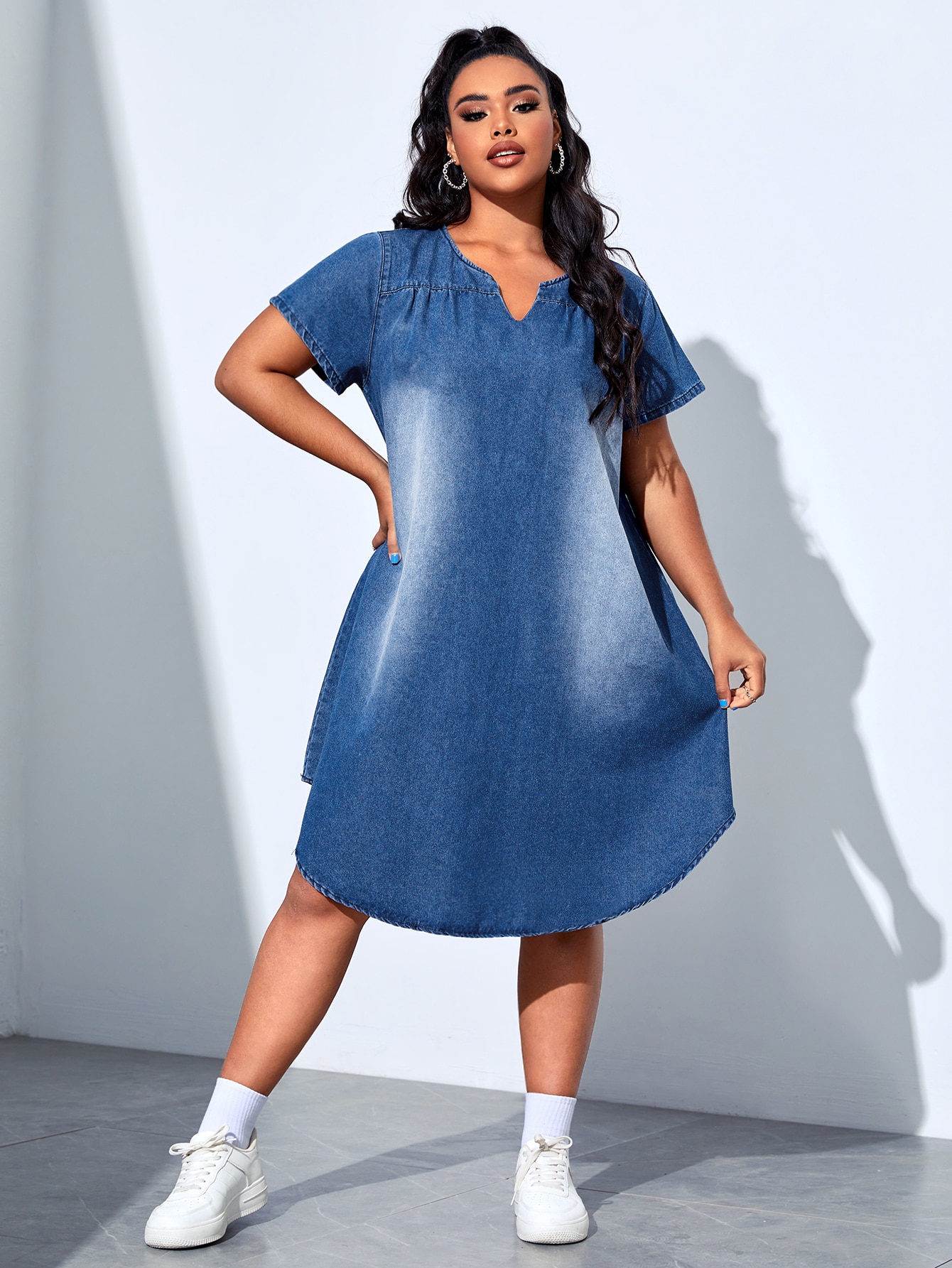 SHEIN Essnce Plus Notched Neckline Curved Hem Denim Dress SHEIN USA