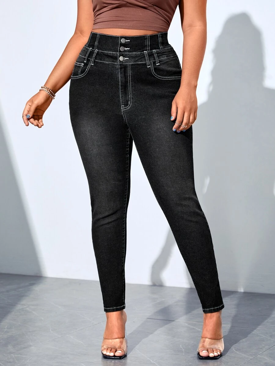 Plus High Waist Skinny Jeans - Black - View 1