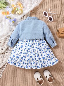 Chaqueta Vaquera Con Solapa Y Bolsillo Para Niña Pequeña Y Vestido Con Diseño Floral Y Volantes En El Dobladillo - Azul y blanco - Ver 2