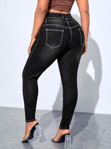 Plus High Waist Skinny Jeans - Black - View 2