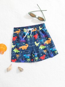 Bebé niño Shorts de natación con estampado de dinosaurio de cintura con cordón - Azul Marino - Ver 1
