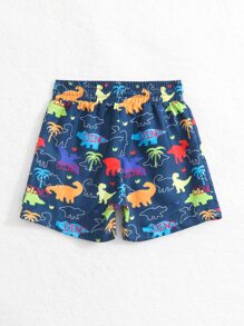 Bebé niño Shorts de natación con estampado de dinosaurio de cintura con cordón - Azul Marino - Ver 2