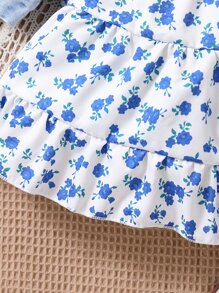 Chaqueta Vaquera Con Solapa Y Bolsillo Para Niña Pequeña Y Vestido Con Diseño Floral Y Volantes En El Dobladillo - Azul y blanco - Ver 6
