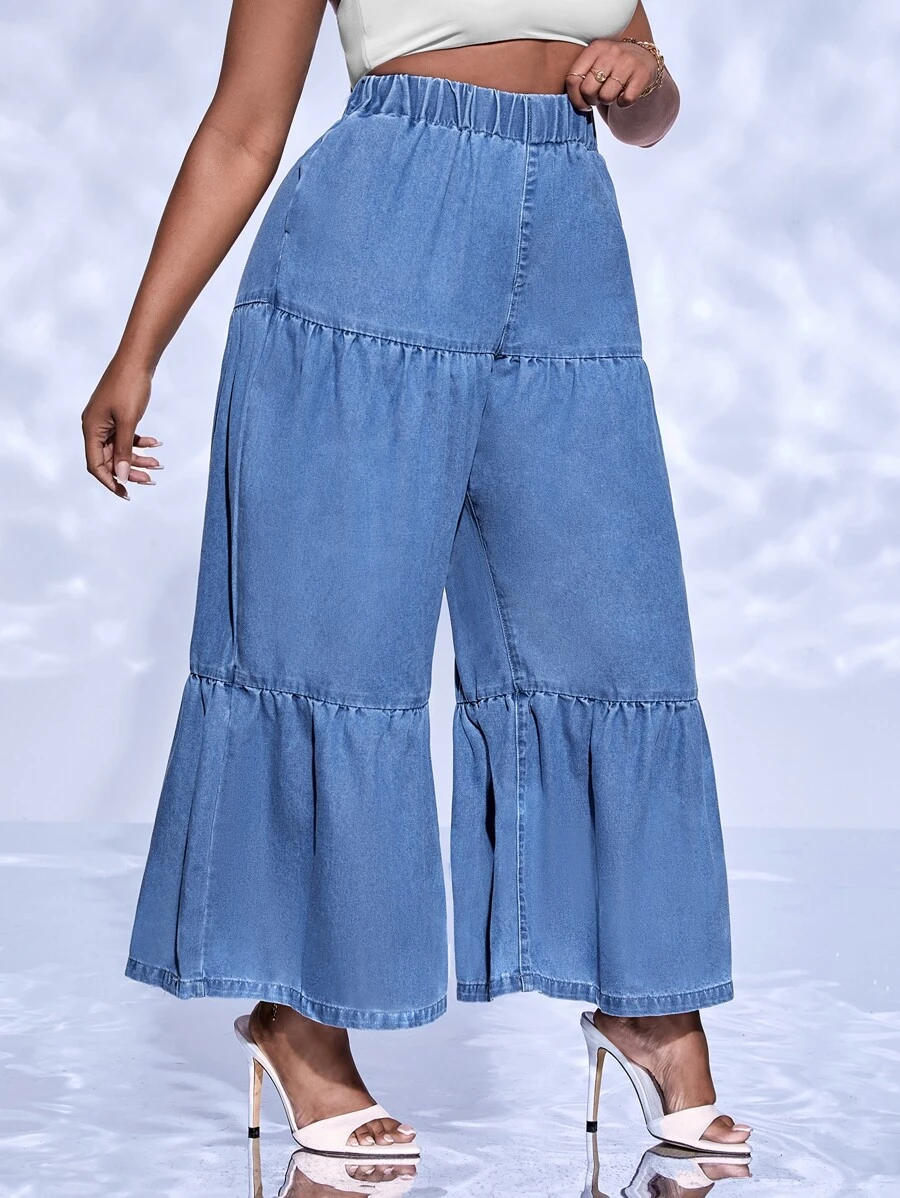 SHEIN SXY Plus Ruffle Hem Wide Leg Jeans | SHEIN USA