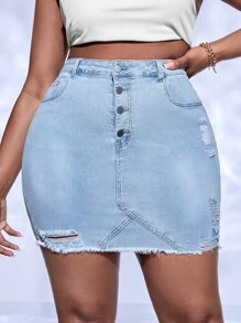 SHEIN SXY Plus Ripped Raw Hem Button Fly Denim Skirt - Light Wash - View 2