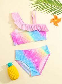 Conjunto de bikini con escamas de pez y ribete de volantes para niña, para verano y playa - Multicolor - Ver 1