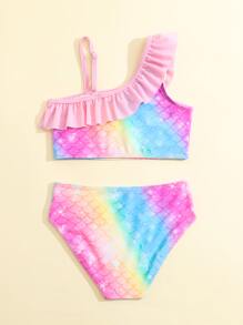 Conjunto de bikini con escamas de pez y ribete de volantes para niña, para verano y playa - Multicolor - Ver 2