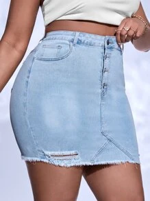 SHEIN SXY Plus Ripped Raw Hem Button Fly Denim Skirt - Light Wash - View 4