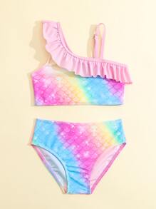 Conjunto de bikini con escamas de pez y ribete de volantes para niña, para verano y playa - Multicolor - Ver 4