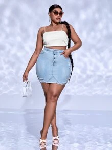 SHEIN SXY Plus Ripped Raw Hem Button Fly Denim Skirt - Light Wash - View 1
