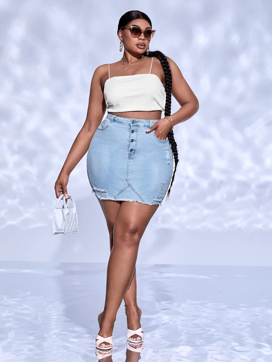 SHEIN SXY Plus Ripped Raw Hem Button Fly Denim Skirt - Light Wash - View 1