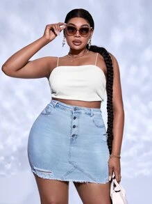 SHEIN SXY Plus Ripped Raw Hem Button Fly Denim Skirt - Light Wash - View 5