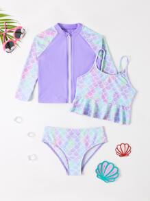 Conjunto de bikini con diseño de escamas de pez, volante en el dobladillo, parte superior con cremallera, a juego para niña, para el verano y la playa - Multicolor - Ver 1