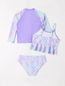Conjunto de bikini con diseño de escamas de pez, volante en el dobladillo, parte superior con cremallera, a juego para niña, para el verano y la playa - Multicolor - Ver 2