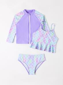 Conjunto de bikini con diseño de escamas de pez, volante en el dobladillo, parte superior con cremallera, a juego para niña, para el verano y la playa - Multicolor - Ver 3