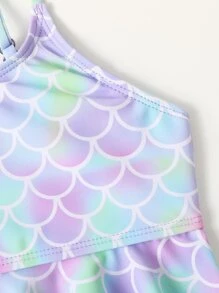 Conjunto de bikini con diseño de escamas de pez, volante en el dobladillo, parte superior con cremallera, a juego para niña, para el verano y la playa - Multicolor - Ver 5