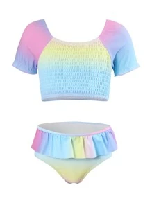 Young Girl Ombre Smocked Ruffle Trim Bikini Set Summer Beach - Multicolor - View 1