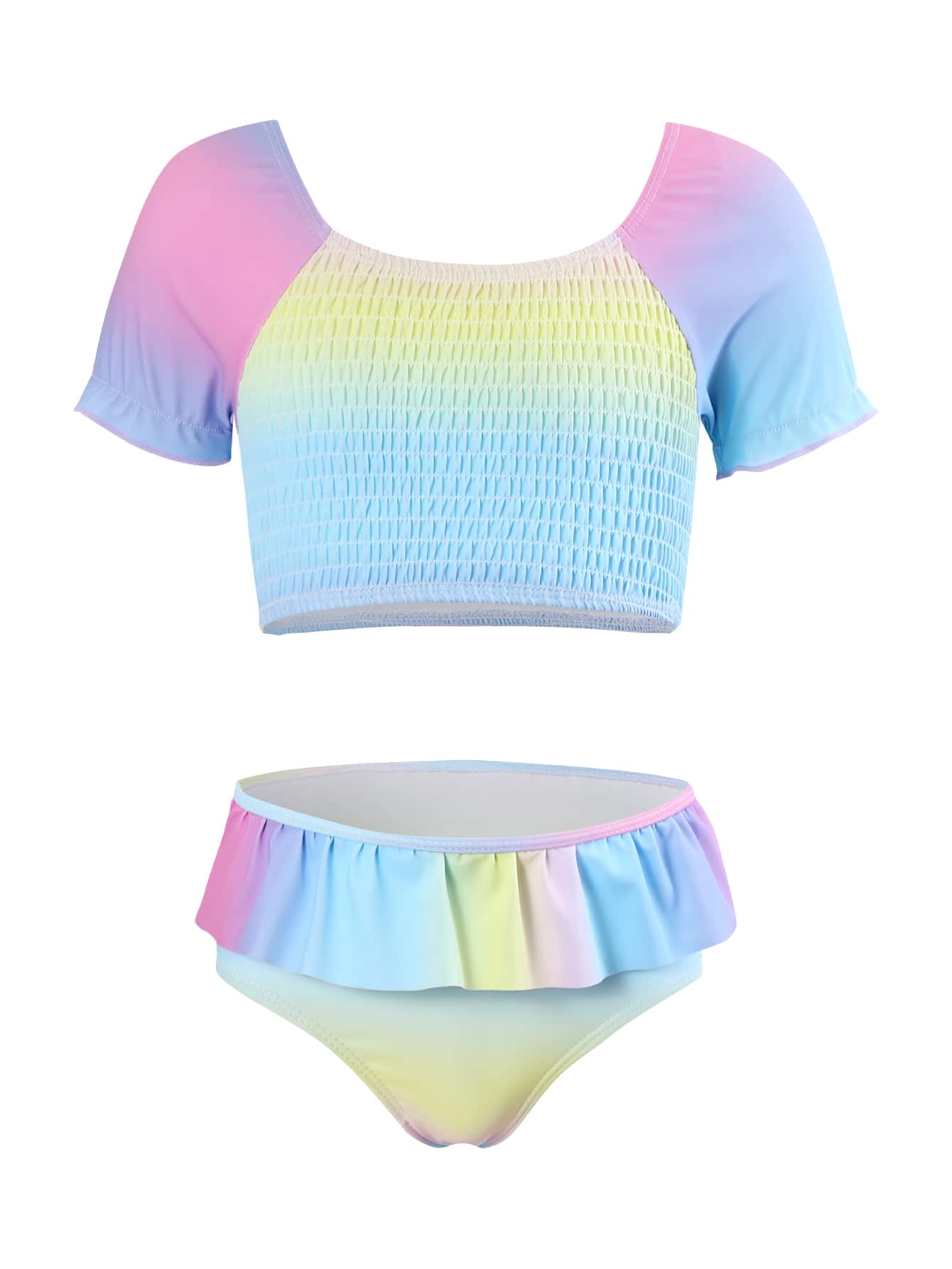 Young Girl Ombre Smocked Ruffle Trim Bikini Set Summer Beach - Multicolor - View 1