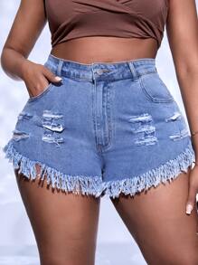 SHEIN SXY Plus Ripped Raw Hem Denim Shorts - Medium Wash - View 6