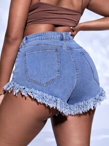 SHEIN SXY Plus Ripped Raw Hem Denim Shorts - Medium Wash - View 2