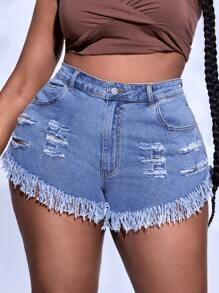 SHEIN SXY Plus Ripped Raw Hem Denim Shorts - Medium Wash - View 4