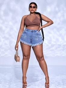 SHEIN SXY Plus Ripped Raw Hem Denim Shorts - Medium Wash - View 3