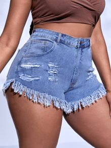 SHEIN SXY Plus Ripped Raw Hem Denim Shorts - Medium Wash - View 1
