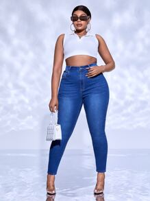 SHEIN SXY Plus High Waist Skinny Jeans - Medium Wash - View 3