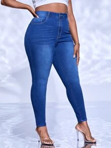 SHEIN SXY Plus High Waist Skinny Jeans - Medium Wash - View 4