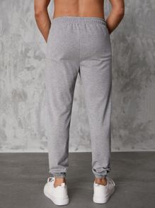 RueChic Men Drawstring Waist Joggers - Light Grey - View 2
