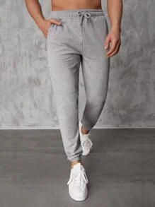 RueChic Men Drawstring Waist Joggers - Light Grey - View 5