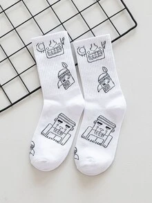 Hombres 4 pares Calcetines de tripulación con estampado de dibujos animados - Blanco y Negro - Ver 6