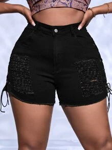 SHEIN SXY 大碼側邊綁帶破洞毛邊牛仔短褲 - 黑色 - 查看 4