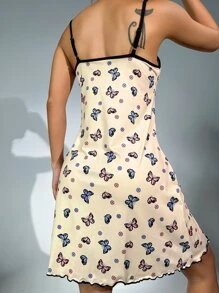 Butterfly Print Contrast Binding Lettuce Trim Cami Nightdress - Apricot - View 2