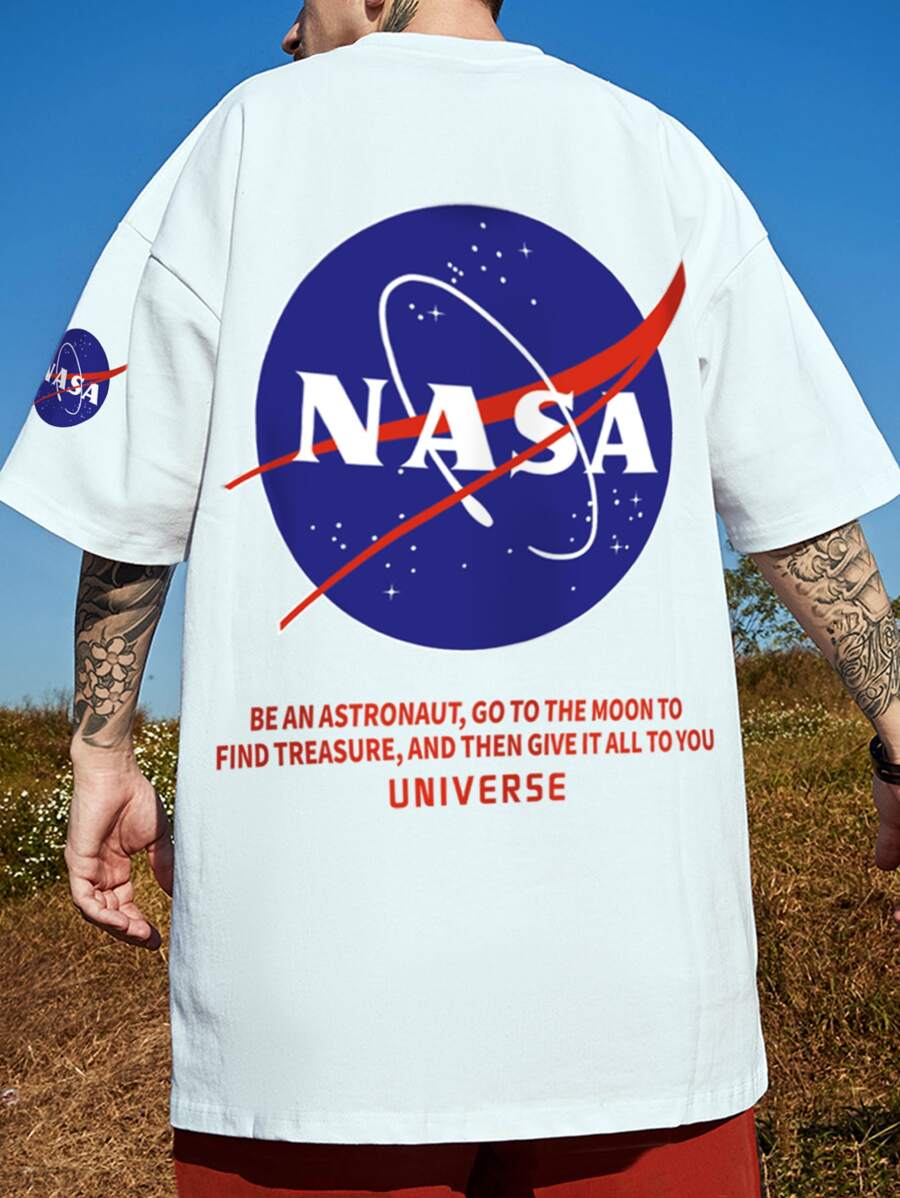 Manfinity 男士標語圖案落肩T恤 - 白色 - 查看 1