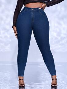 SHEIN SXY Jeans ajustados con parche de letra - Azul lavado oscuro - Ver 2