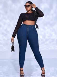 SHEIN SXY Jeans ajustados con parche de letra - Azul lavado oscuro - Ver 4