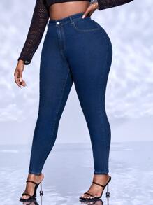 SHEIN SXY Jeans ajustados con parche de letra - Azul lavado oscuro - Ver 5