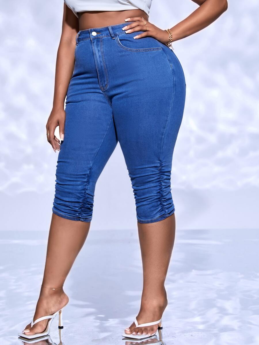 SHEIN SXY Quần Denim kích thước lớn Nút Túi Xù Dây kéo màu trơn - Rửa trung bình - Xem 1