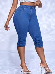 SHEIN SXY Quần Denim kích thước lớn Nút Túi Xù Dây kéo màu trơn - Rửa trung bình - Xem 3