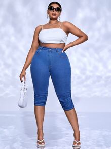 SHEIN SXY Quần Denim kích thước lớn Nút Túi Xù Dây kéo màu trơn - Rửa trung bình - Xem 4