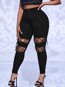 SHEIN SXY Plus Lace Up Front Skinny Jeans - Black - View 1